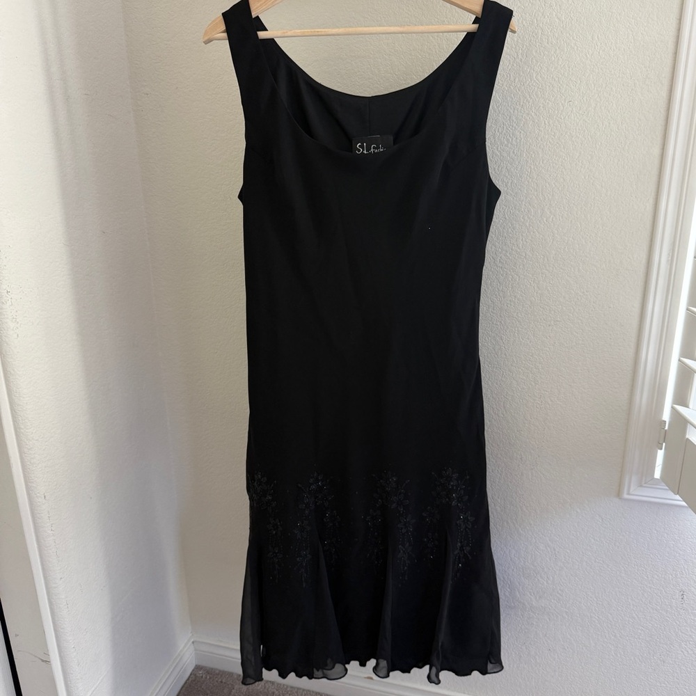 VINTAGE 90s S.L. Fashions Fairy Goth black midi sleeveless beaded flowy Dress